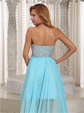 Silver Sequin Bodice Aqua Prom Long Skirt With Knee Length Lining