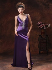 Deep V-neck Colorful Crystals Show Leg Slit Purple Evening Dress Cross Back