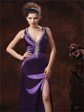 Deep V-neck Colorful Crystals Show Leg Slit Purple Evening Dress Cross Back