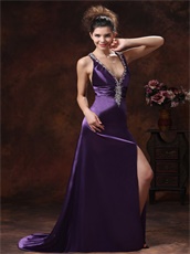 Deep V-neck Colorful Crystals Show Leg Slit Purple Evening Dress Cross Back