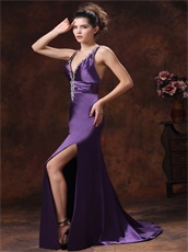 Deep V-neck Colorful Crystals Show Leg Slit Purple Evening Dress Cross Back