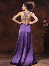 Deep V-neck Colorful Crystals Show Leg Slit Purple Evening Dress Cross Back