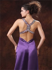 Deep V-neck Colorful Crystals Show Leg Slit Purple Evening Dress Cross Back