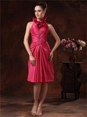 Falbala Halter Knee Length Dark Fuchsia Taffeta Prom Dress Modest