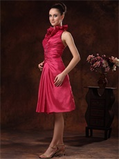 Falbala Halter Knee Length Dark Fuchsia Taffeta Prom Dress Modest