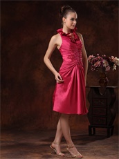 Falbala Halter Knee Length Dark Fuchsia Taffeta Prom Dress Modest