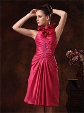 Falbala Halter Knee Length Dark Fuchsia Taffeta Prom Dress Modest