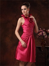 Falbala Halter Knee Length Dark Fuchsia Taffeta Prom Dress Modest