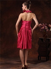 Falbala Halter Knee Length Dark Fuchsia Taffeta Prom Dress Modest