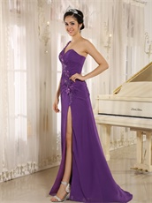 Dark Orchid Slit Evening Dress Sequin Applique From Shoulder To Waist