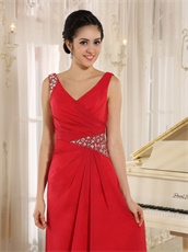 Modest V Neck Red Chiffon Dress Customed For Mother Of Bride Wear