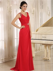 Modest V Neck Red Chiffon Dress Customed For Mother Of Bride Wear