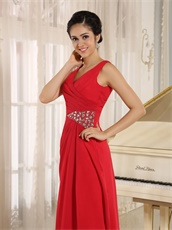 Modest V Neck Red Chiffon Dress Customed For Mother Of Bride Wear