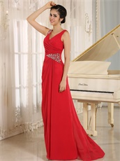 Modest V Neck Red Chiffon Dress Customed For Mother Of Bride Wear