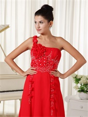 Red Evening Dress One Shoulder With Hand Made Flowers For Drinking Party