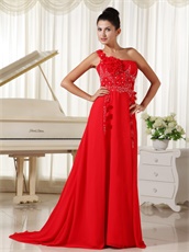 Red Evening Dress One Shoulder With Hand Made Flowers For Drinking Party