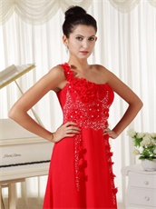 Red Evening Dress One Shoulder With Hand Made Flowers For Drinking Party