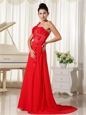 Red Evening Dress One Shoulder With Hand Made Flowers For Drinking Party