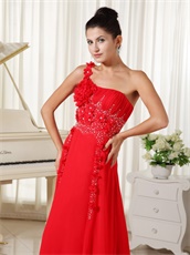 Red Evening Dress One Shoulder With Hand Made Flowers For Drinking Party