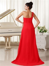 Red Evening Dress One Shoulder With Hand Made Flowers For Drinking Party