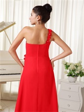 Red Evening Dress One Shoulder With Hand Made Flowers For Drinking Party