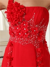 Red Evening Dress One Shoulder With Hand Made Flowers For Drinking Party