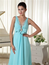 Aqua Blue V-neck Evening Dress Open Back Stage Show Most Choice