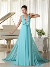 Aqua Blue V-neck Evening Dress Open Back Stage Show Most Choice