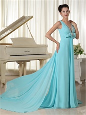 Aqua Blue V-neck Evening Dress Open Back Stage Show Most Choice