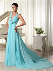 Aqua Blue V-neck Evening Dress Open Back Stage Show Most Choice