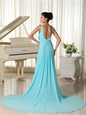 Aqua Blue V-neck Evening Dress Open Back Stage Show Most Choice