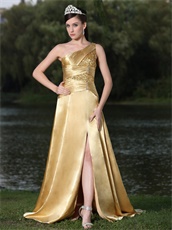 Amiable Gold One Shoulder Slit Design Prom Dress For Garden Party