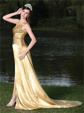 Amiable Gold One Shoulder Slit Design Prom Dress For Garden Party