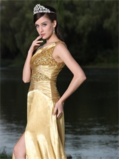 Amiable Gold One Shoulder Slit Design Prom Dress For Garden Party