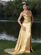 Amiable Gold One Shoulder Slit Design Prom Dress For Garden Party