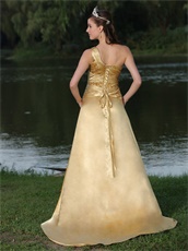 Amiable Gold One Shoulder Slit Design Prom Dress For Garden Party