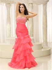 Watermelon Organza Layers Sheathy Mermaid Prom Dress Good Figure