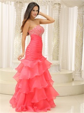 Watermelon Organza Layers Sheathy Mermaid Prom Dress Good Figure