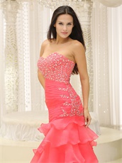 Watermelon Organza Layers Sheathy Mermaid Prom Dress Good Figure