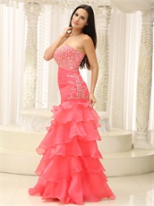 Watermelon Organza Layers Sheathy Mermaid Prom Dress Good Figure