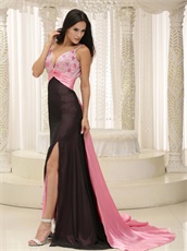 Black Skirt With Pink Brush Train Sexy Evening Dress Show Breasts