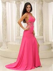 Halter Rose Pink Chiffon Backless Night Evening Dress Brand New