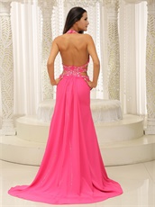 Halter Rose Pink Chiffon Backless Night Evening Dress Brand New