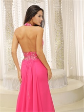 Halter Rose Pink Chiffon Backless Night Evening Dress Brand New