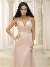 Pearl Pink Elastic Woven Satin Pageant Evening Dress Show Back