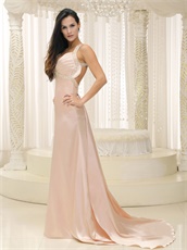 Pearl Pink Elastic Woven Satin Pageant Evening Dress Show Back