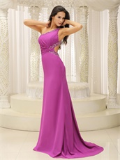 2019 New Camellia Purple Single Strap Sweep Train Formal Dress Cheap