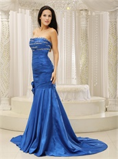 Modest Strapless Royal Blue Satin Wedding Party Dress Mermaid