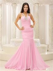 Attractive V Neck Baby Pink Mermaid Evening Gowns Attend Special Events