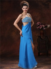 Azure Beaded Decorate Expose Waist Long Split Prom Dress Sexy